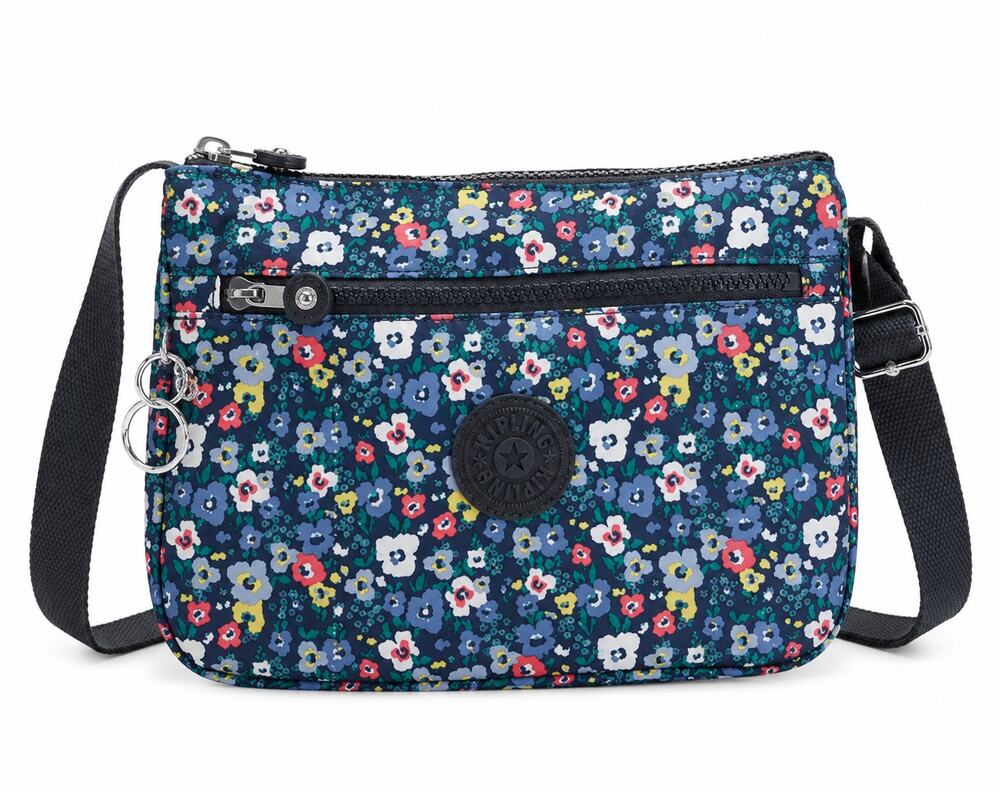 Kipling Floral Print Nylon Crossbody Shoulder Bag Lightweight Travel Purse Blue
